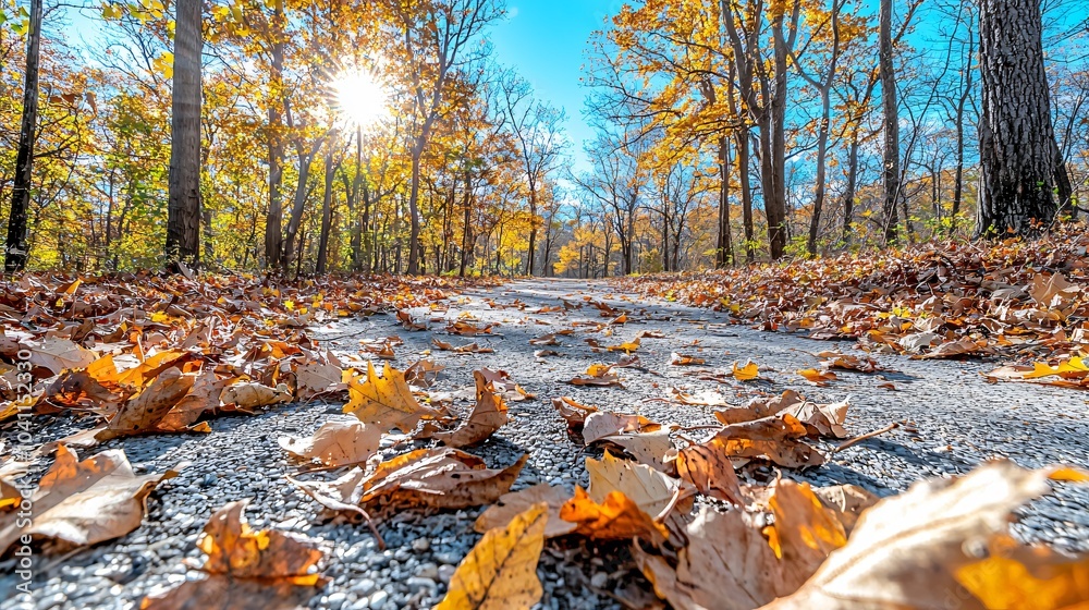 Golden Autumn Pathway Surrounded by Leaves and Trees in Bright Sunshine Golden Autumn Pathway Surrounded by Leaves and Trees in Bright Sunshine