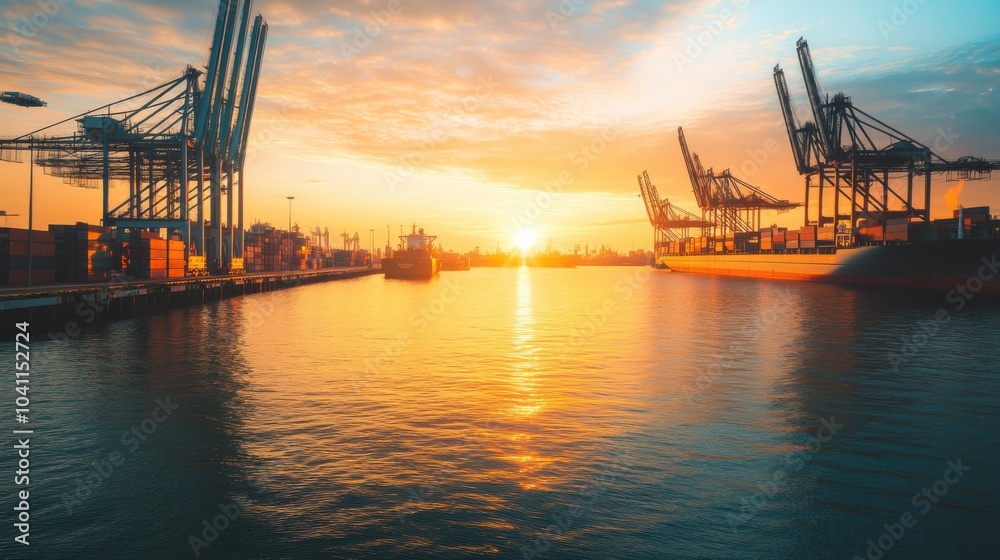Obraz premium A modern port terminal illuminated by the rising sun, where shipping operations unfold with precision and speed, reflecting the efficiency of international commerce