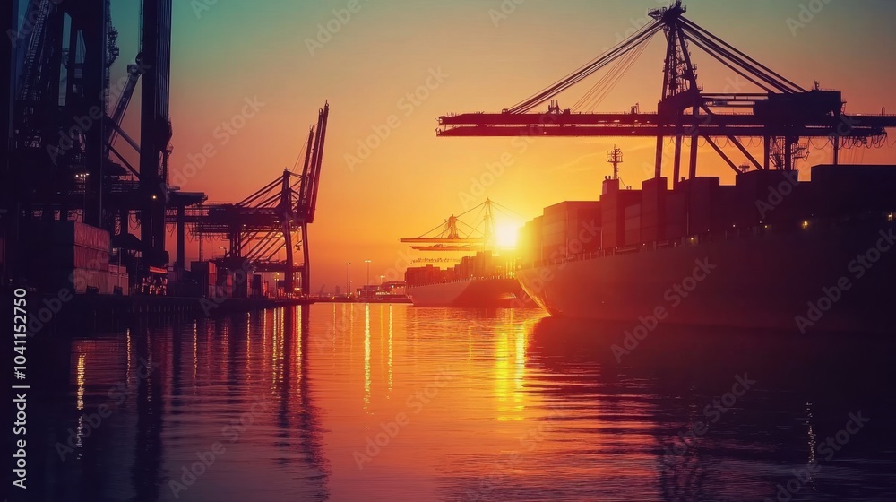 A modern port terminal illuminated by the rising sun, where shipping operations unfold with precision and speed, reflecting the efficiency of international commerce A modern port terminal illuminated by the rising sun, where shipping operations unfold with precision and speed, reflecting the efficiency of international commerce