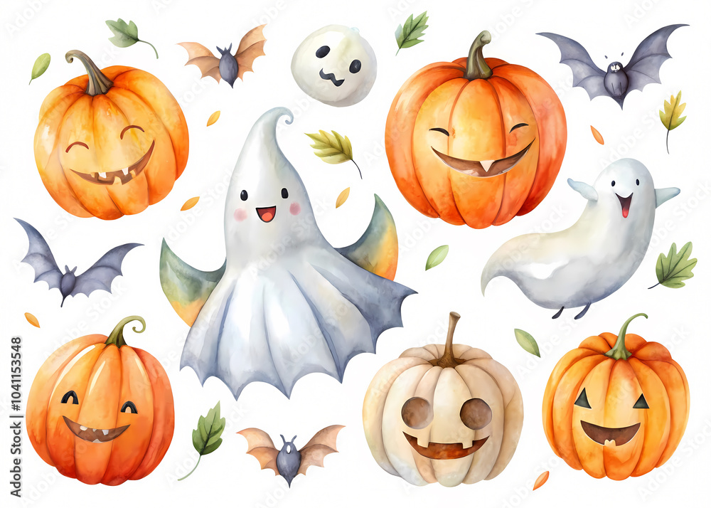 Whimsical Watercolor Halloween Pumpkins and Bats Set Whimsical Watercolor Halloween Pumpkins and Bats Set
