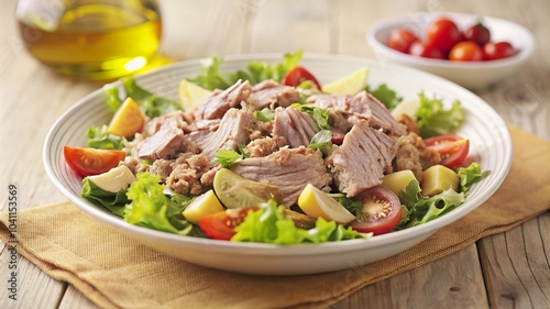 Fresh tuna salad with garden vegetables and olive oil dressing served on a rustic wooden table