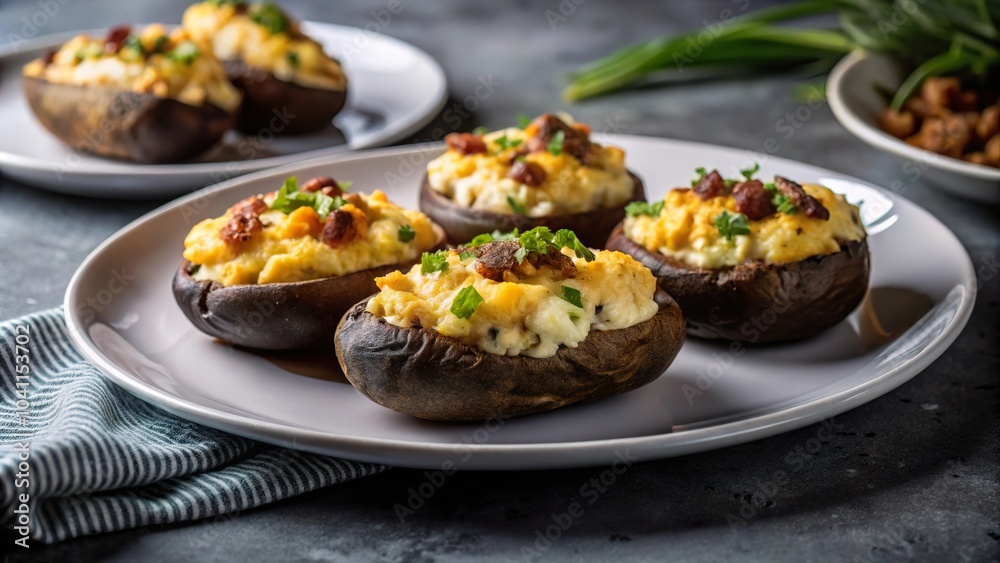 Delicious twice baked potatoes topped with cheese and bacon, perfect for a cozy dinner gathering with friends or family Delicious twice baked potatoes topped with cheese and bacon, perfect for a cozy dinner gathering with friends or family