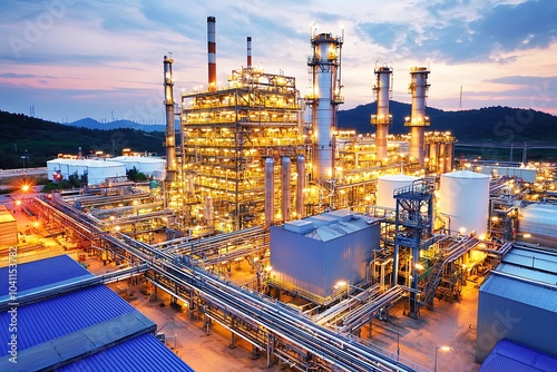 Industrial Complex Glowing at Night with Pipes and Towers photo