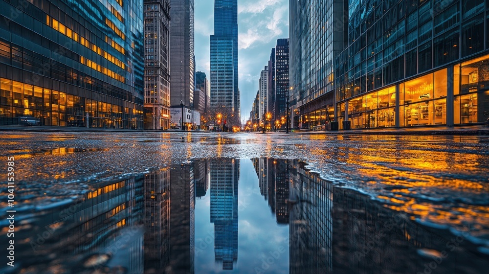 Reflections of urban skyscrapers in a clear puddle after rain, creating a stunning contrast between still water and towering buildings Reflections of urban skyscrapers in a clear puddle after rain, creating a stunning contrast between still water and towering buildings