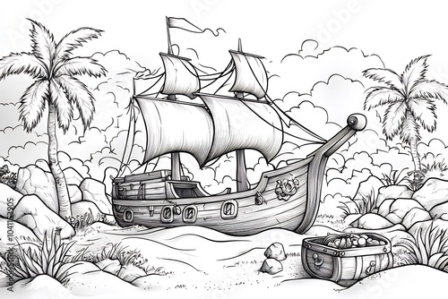 Fun piratethemed coloring page for children featuring a handdrawn vector illustration of a pirate ship treasure chest and friendly pirates in black outline on a white background ready for coloring photo