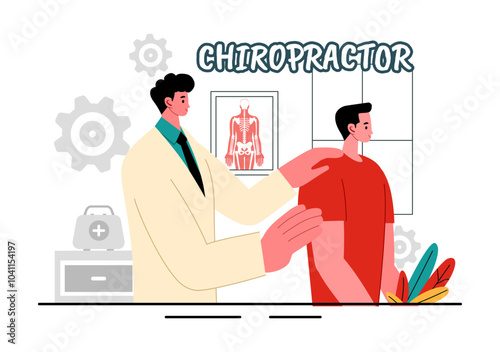 Chiropractor Vector Illustration of a Patient Undergoing Physiotherapy Rehabilitation with an Osteopathy Specialist and Receiving Natural Treatment