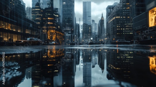 Towering skyscrapers reflected in a glassy puddle after rain, creating a stunning, mirror-like urban scene with moody lighting