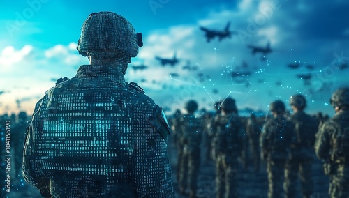 Futuristic Military Operation with Soldiers, Aircraft, and Digital Technology photo