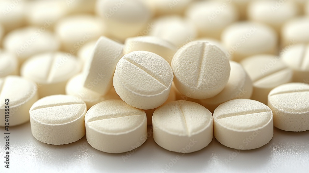 Close-up of scattered white tablets on a flat surface during a health and wellness focus emphasizing medication awareness Close-up of scattered white tablets on a flat surface during a health and wellness focus emphasizing medication awareness