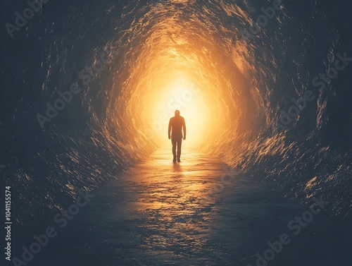 Silhouetted Figure Walking Towards Bright Light at the End of Dark Path Symbolic of Soul s Journey photo