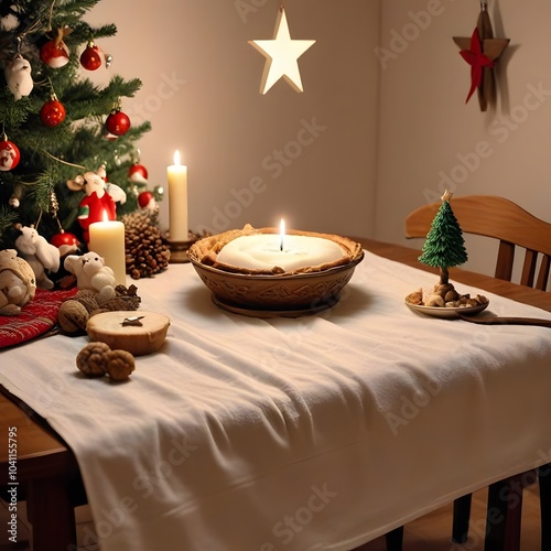 Mesa navideña iluminada con velas, decoraciones festivas y un árbol de navidad, creando un ambiente cálido y acogedor para las celebraciones. photo