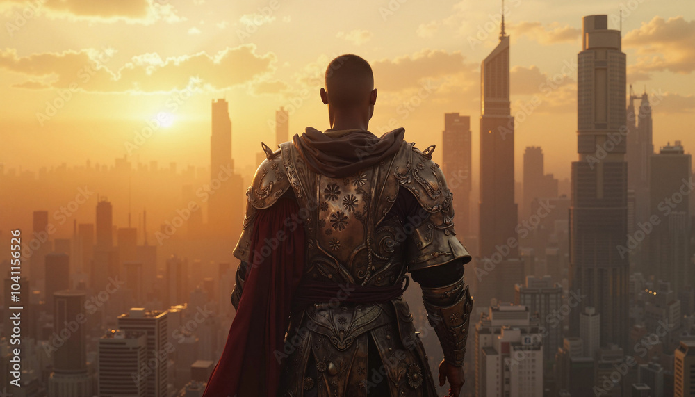 Black warrior in armor overlooking futuristic city skyline at sunset. Black warrior in armor overlooking futuristic city skyline at sunset.
