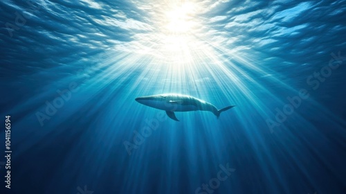 Shark swimming under water with sunlight filtering through waves.