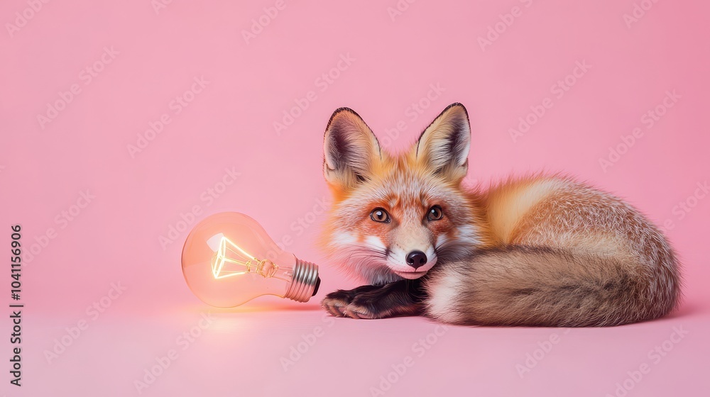 Obraz premium Fox with Light Bulb on Pink Background