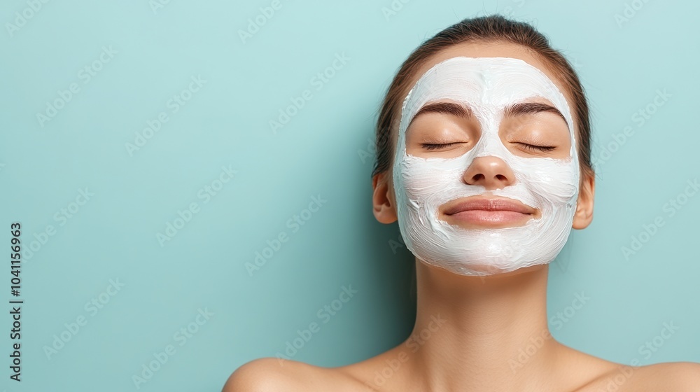 Smiling woman with facial mask relaxing against a turquoise backdrop. Smiling woman with facial mask relaxing against a turquoise backdrop.