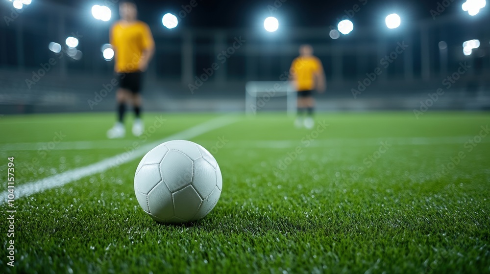 Fototapeta premium Soccer ball on the field with players in the background, illuminated by stadium lights.