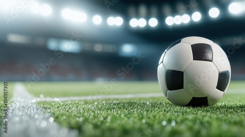 Soccer ball on a green field with stadium lights in the background. photo