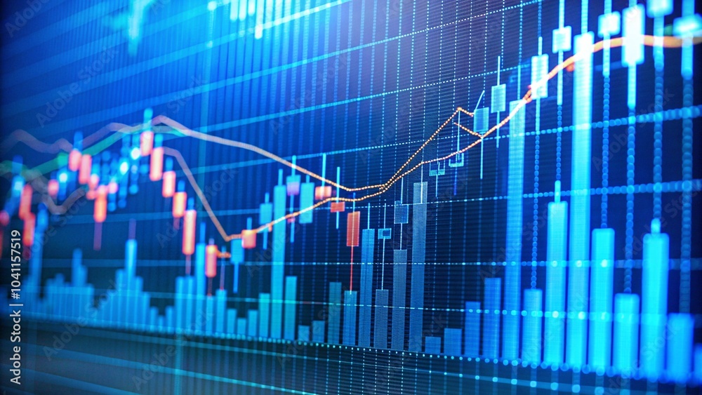 Closeup financial chart with uptrend line candlestick graph in stock market on blue color monitor background Closeup financial chart with uptrend line candlestick graph in stock market on blue color monitor background