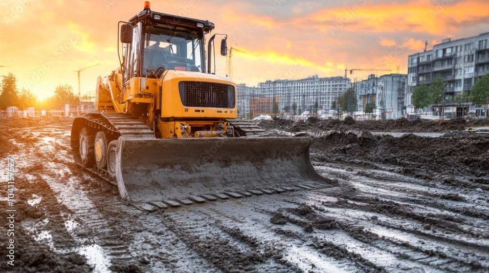 Yellow Bulldozer on a Construction Site with a Cloudy Sunset Sky Yellow Bulldozer on a Construction Site with a Cloudy Sunset Sky