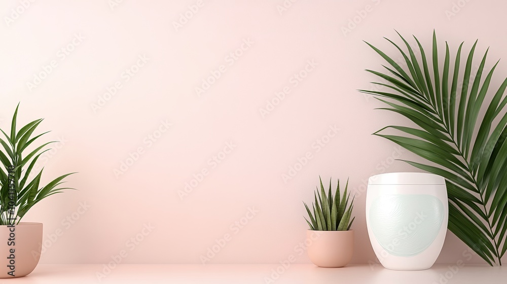 Stylish indoor plants with modern pots against a soft pink wall. Stylish indoor plants with modern pots against a soft pink wall.