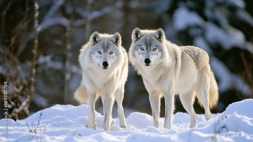 Obraz premium Two Arctic Wolves in a Snowy Forest