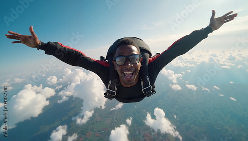 Obraz na płótnie Black man skydiving with arms spread in open sky.