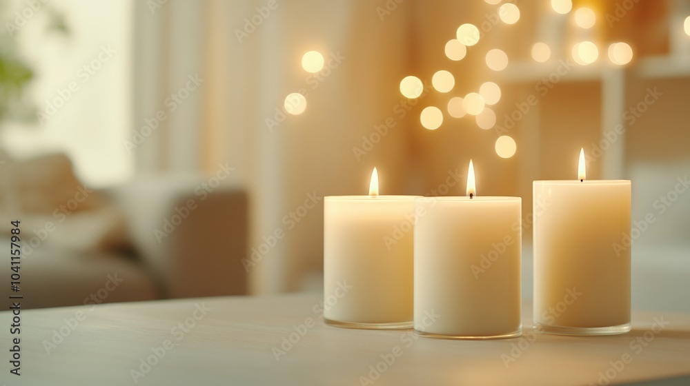 Three elegant candles glowing softly on a table in a warm, cozy setting. Three elegant candles glowing softly on a table in a warm, cozy setting.