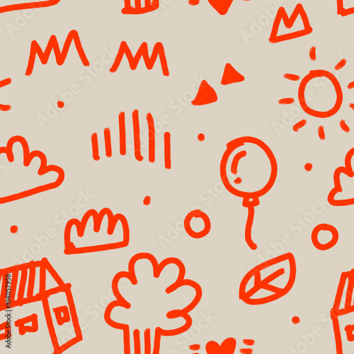 Repeat pattern, house and nature line graphics.

