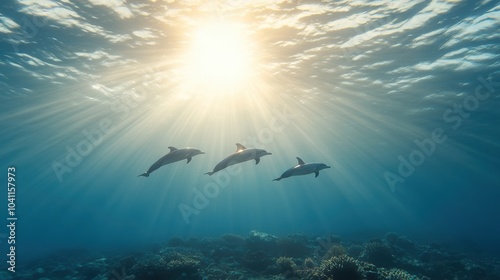 Three dolphins swimming gracefully underwater with sunlight filtering through the waves.