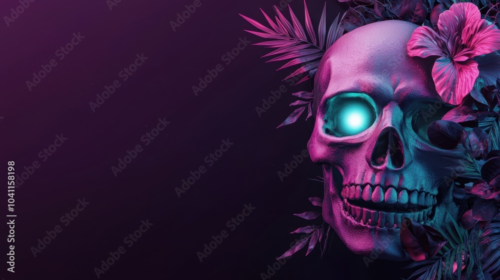 Neon sugar skull with glowing eyes, radiant purple and teal, detailed floral design Neon sugar skull with glowing eyes, radiant purple and teal, detailed floral design