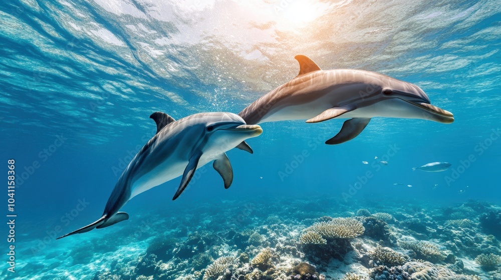 Fototapeta premium Two dolphins swimming gracefully in clear blue water.