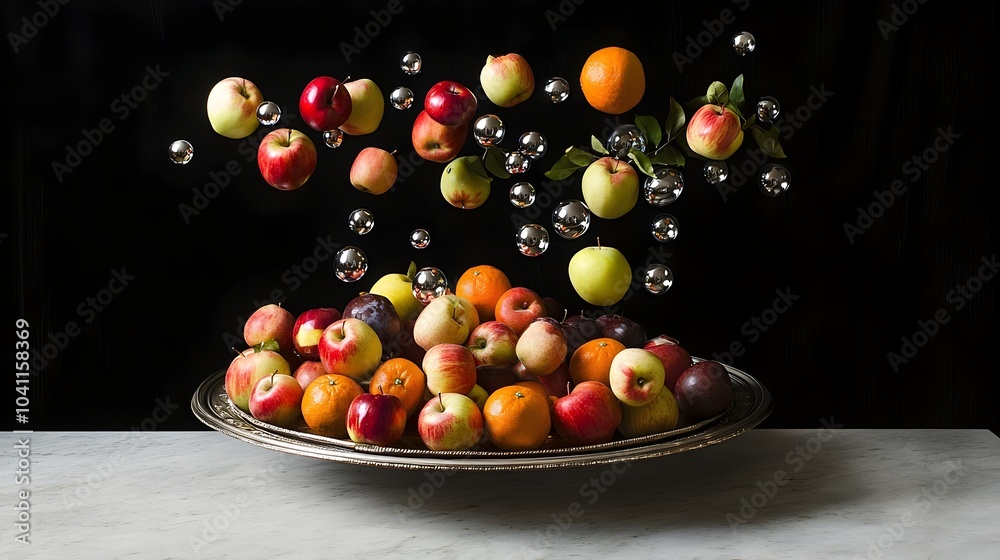 Captivating digital art photograph showcasing a visually striking fruit platter with holographic levitating apples and oranges creating a mesmerizing futuristic and otherworldly aesthetic