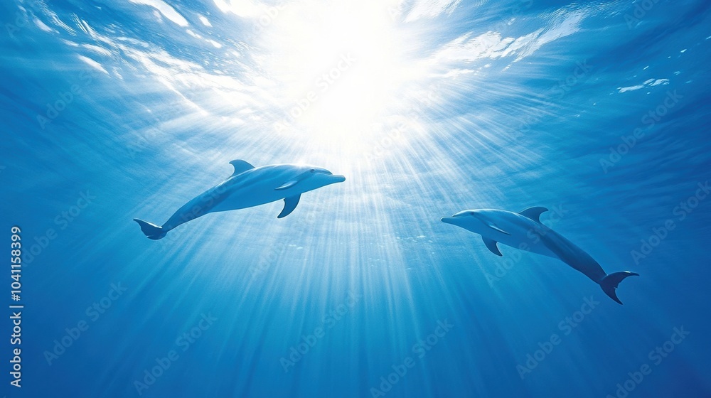 Two dolphins swimming gracefully in clear blue water illuminated by sunlight. Two dolphins swimming gracefully in clear blue water illuminated by sunlight.