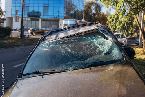 Two cars collided on the highway. Serious accident. Traffic accidents on the road in autumn. Cork. Insured event on the road. Close-up.