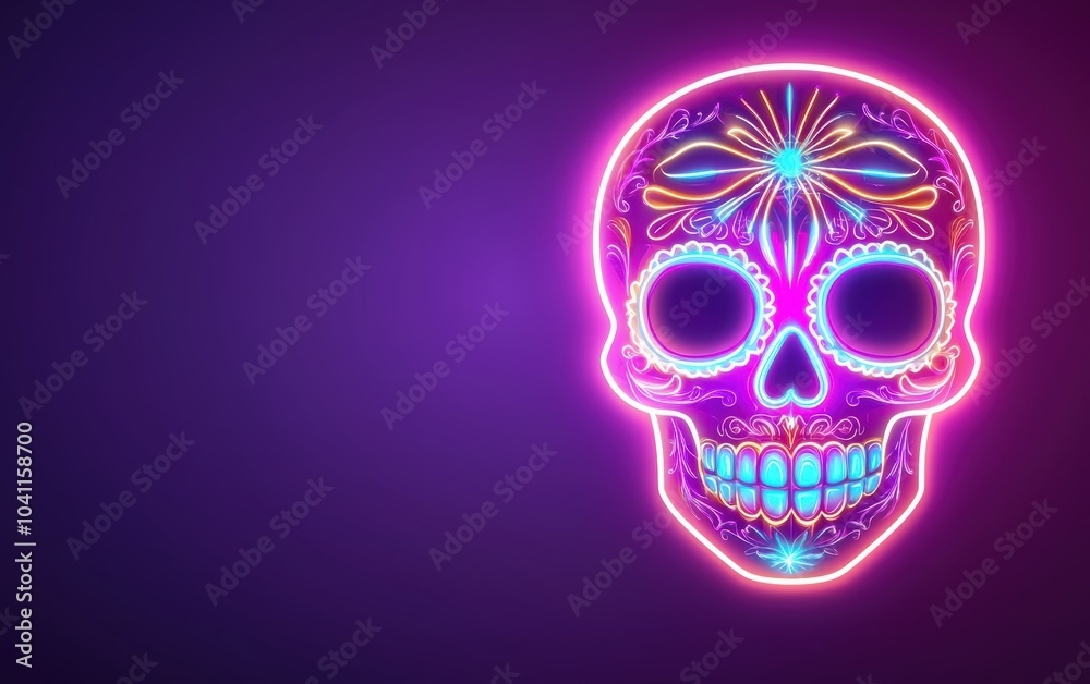 Bright glowing sugar skull with intricate swirls, neon pink and blue, dark background Bright glowing sugar skull with intricate swirls, neon pink and blue, dark background