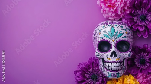 Vibrant sugar skull with glowing purple flowers, intricate teal and yellow accents