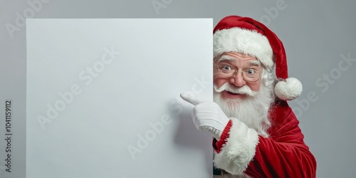 Cheerful Santa Claus Holding a Blank Sign Mock Up with Space for Your Text, Holiday Promotions and Events. Jolly Santa Claus gesturing pointing on white banner placard, festive themes advertising. photo