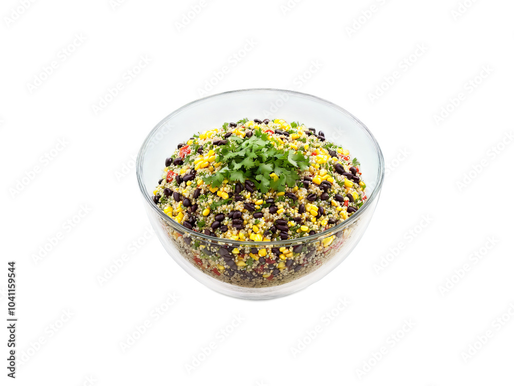 Salad quinoa and black bean with corn and cilantro served in a transparent glass bowl Salad quinoa and black bean with corn and cilantro served in a transparent glass bowl