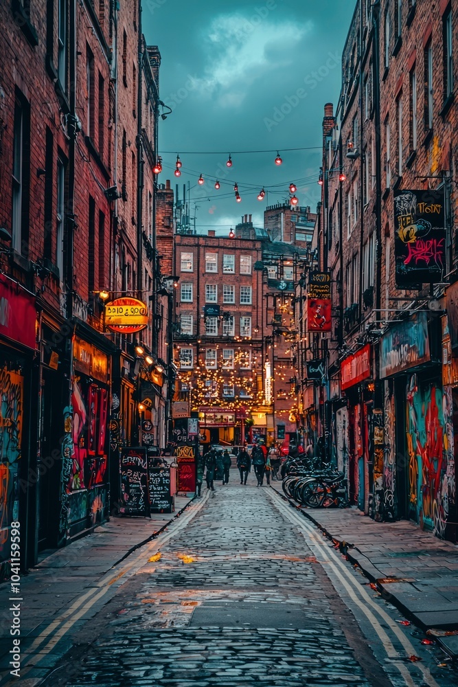 Fototapeta premium Cobblestone Alleyway with String Lights and Brick Buildings