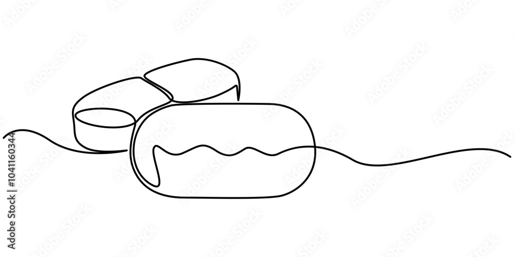 One continuous line drawing of medicine set with pills. Pharmaceutical components and capsules in blister pack with drug symbols in simple linear style. One continuous line drawing of tablets One continuous line drawing of medicine set with pills. Pharmaceutical components and capsules in blister pack with drug symbols in simple linear style. One continuous line drawing of tablets