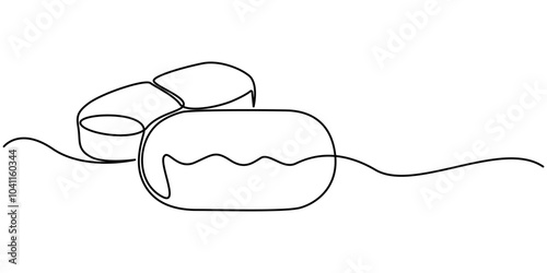 One continuous line drawing of medicine set with pills. Pharmaceutical components and capsules in blister pack with drug symbols in simple linear style. One continuous line drawing of tablets