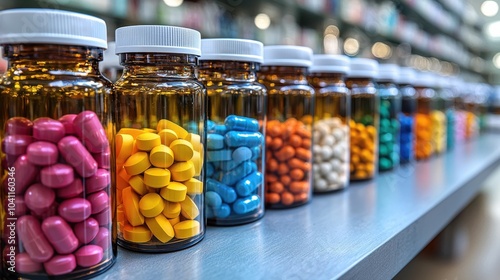 Wallpaper Mural A colorful array of prescription bottles filled with tablets and capsules on a pharmacy counter during a busy day Torontodigital.ca
