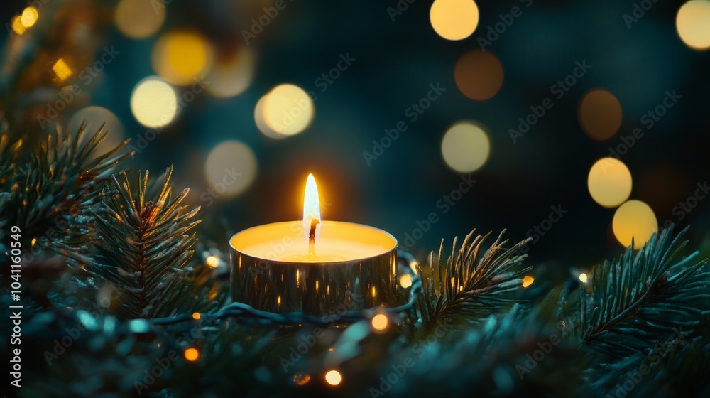 Small Lit Candle Surrounded by Christmas Lights