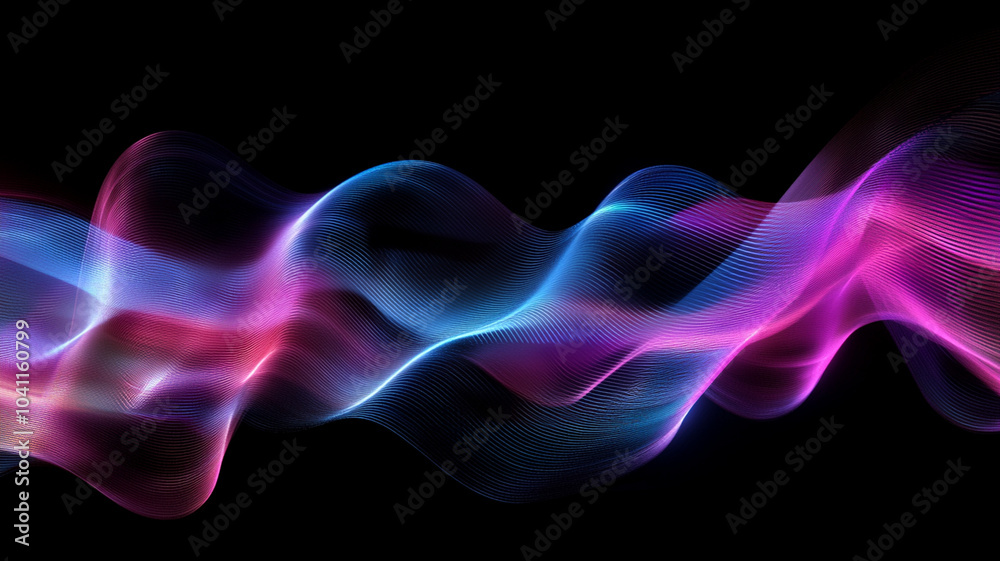 Luminous wavy lines create abstract animation with vibrant colors, showcasing blend of blue and pink hues against black background. fluid motion evokes sense of energy and creativity Luminous wavy lines create abstract animation with vibrant colors, showcasing blend of blue and pink hues against black background. fluid motion evokes sense of energy and creativity