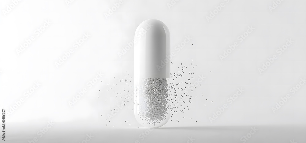 3D render of a white pill split in half with particles flying out on a light grey background 3D render of a white pill split in half with particles flying out on a light grey background