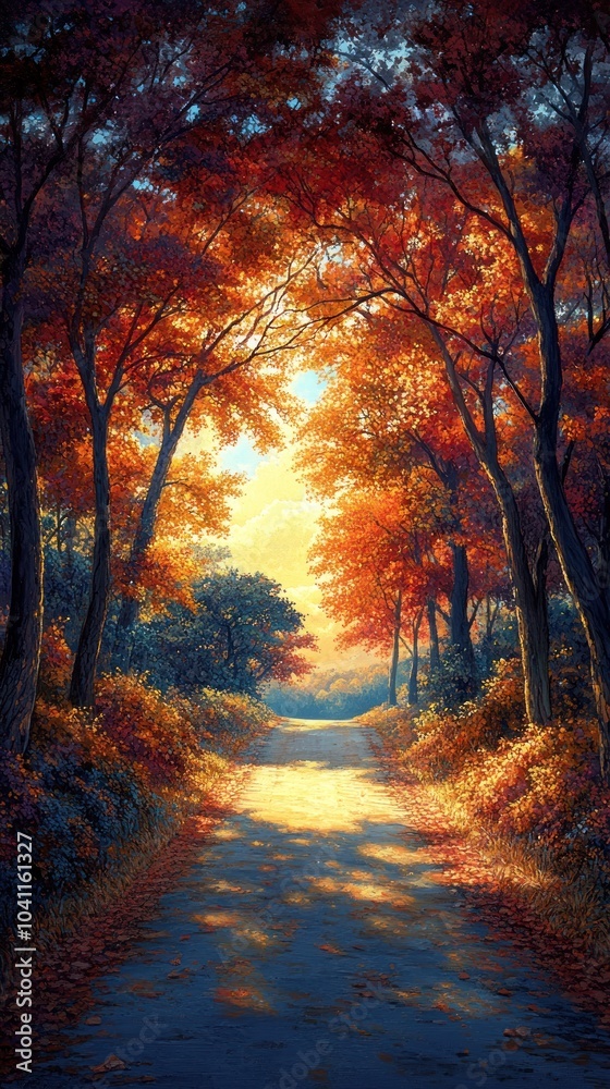 Fototapeta premium Autumn Forest Pathway Illustration - Golden Light Through Trees