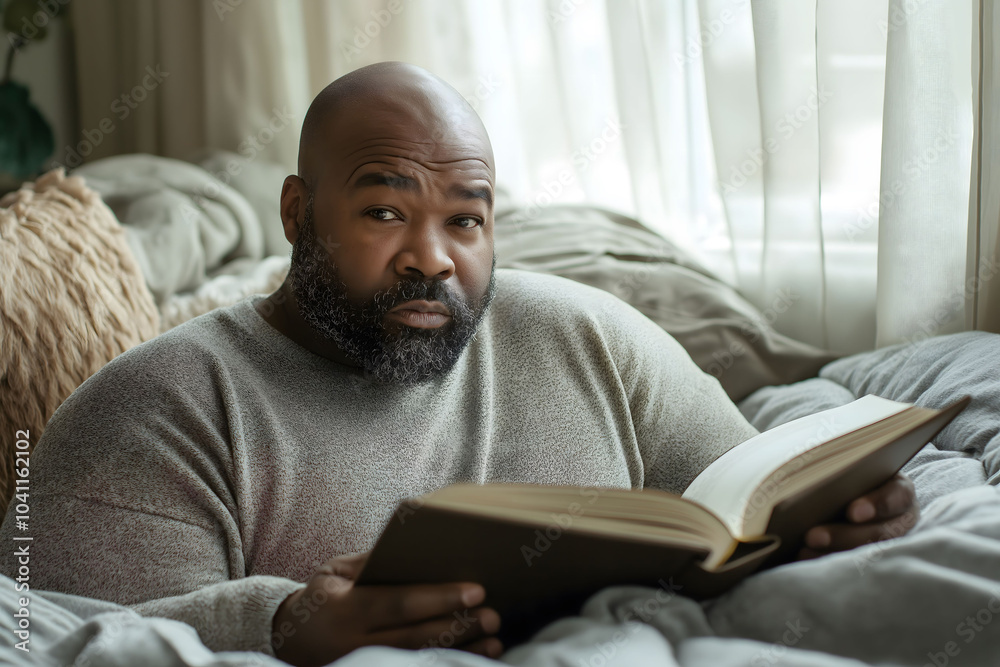 Serious african american man reads a book in a cozy bedroom, surrounded by pillows and a soft blanket, illuminated by natural light from a window Serious african american man reads a book in a cozy bedroom, surrounded by pillows and a soft blanket, illuminated by natural light from a window