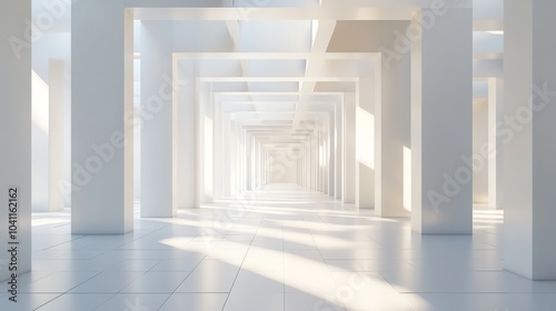 An abstract 3D rendering of a white geometric structure with a hallway leading into the distance.