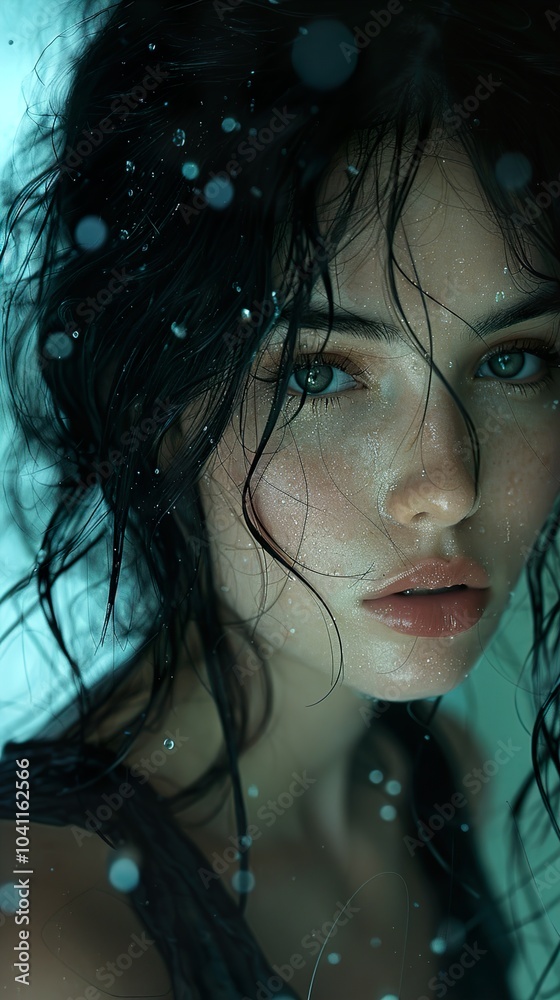 Close-Up Portrait of a Woman with Wet Hair and Water Drops