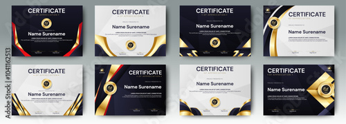 Black and gold certificate of appreciation border template with luxury badge and modern line and shapes. For award, business, and education needs. Diploma vector template	
